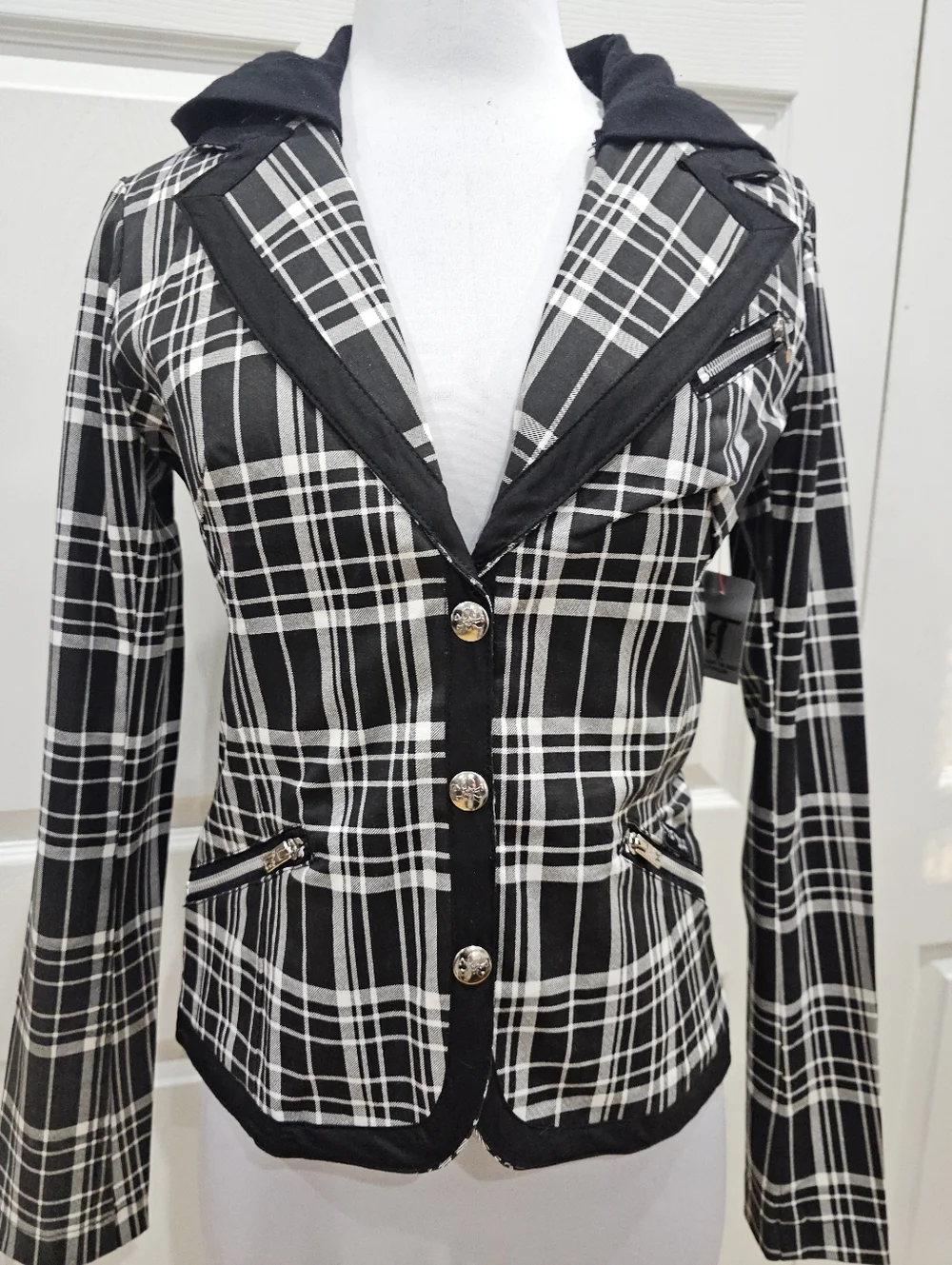 Rare Vintage Punk Goth Tripp NYC Black & White Plaid Snap Blazer Jacket Coat S - Picture 10 of 12
